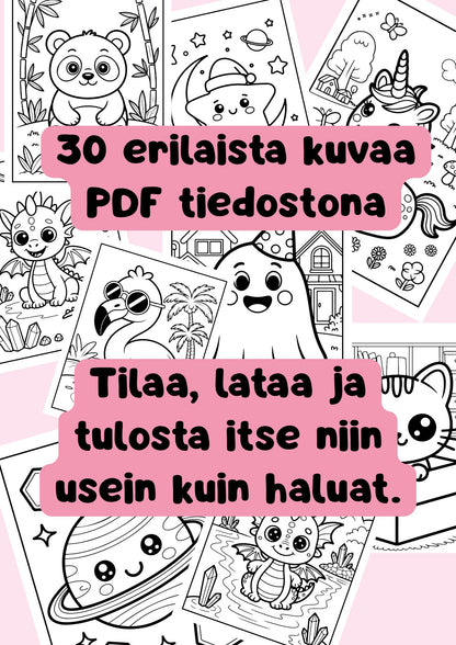 Kawaii Värityskirja – 30 tulostettavaa värityssivua | PDF