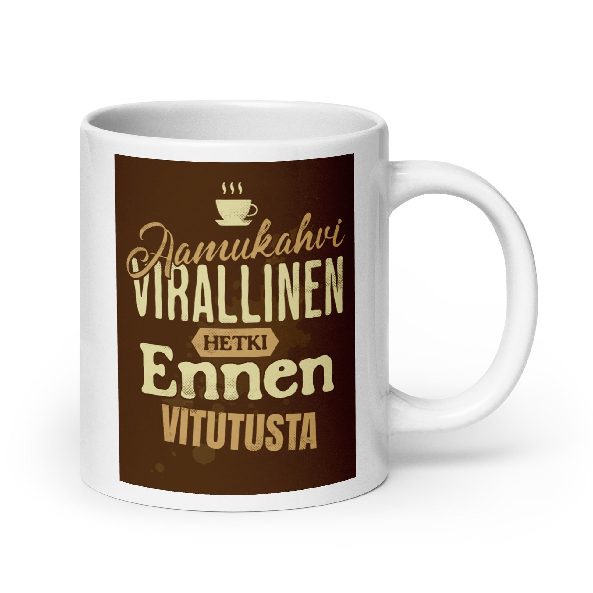 Kahvimuki tekstillä “Aamukahvi – virallinen hetki ennen vitutusta”
Ironinen suomenkielinen muki 3,3dl ja 5,9dl – sarkasmia aamuihin
Sarkastinen kahvimuki – viimeinen hetki ennen kaaosta