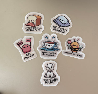 Nope Energy Pack – Sarkastinen kawaii tarrabundle | 6 laminoitua vinyylitarraa