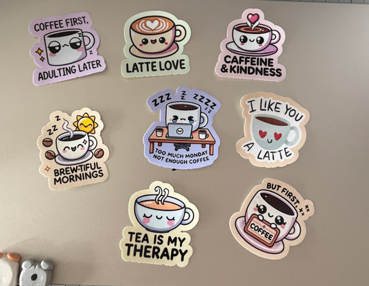 Kahvi & Tee tarra Bundle – Söpöt laminoidut vinyylitarrat | Kawaii kahvi- ja teetarrat