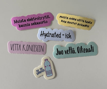 Juomapullon tarrasetti – 6 hauskaa vesimuistutus tarraa | Laminoidut vinyylitarrat