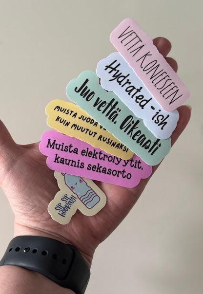 Juomapullon tarrasetti – 6 hauskaa vesimuistutus tarraa | Laminoidut vinyylitarrat