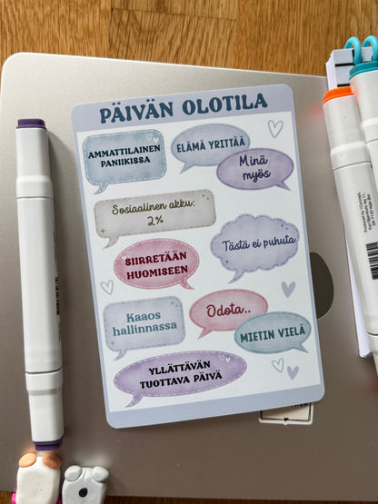 Päivän olotila – Hauska suomenkielinen tarra-arkki | Kiiltävä vinyylitarra