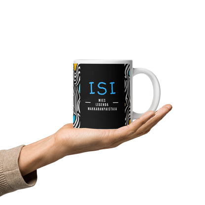 ISI – Mies, legenda, makkaranpaistaja -muki, mustavalkoinen ja sininen printti