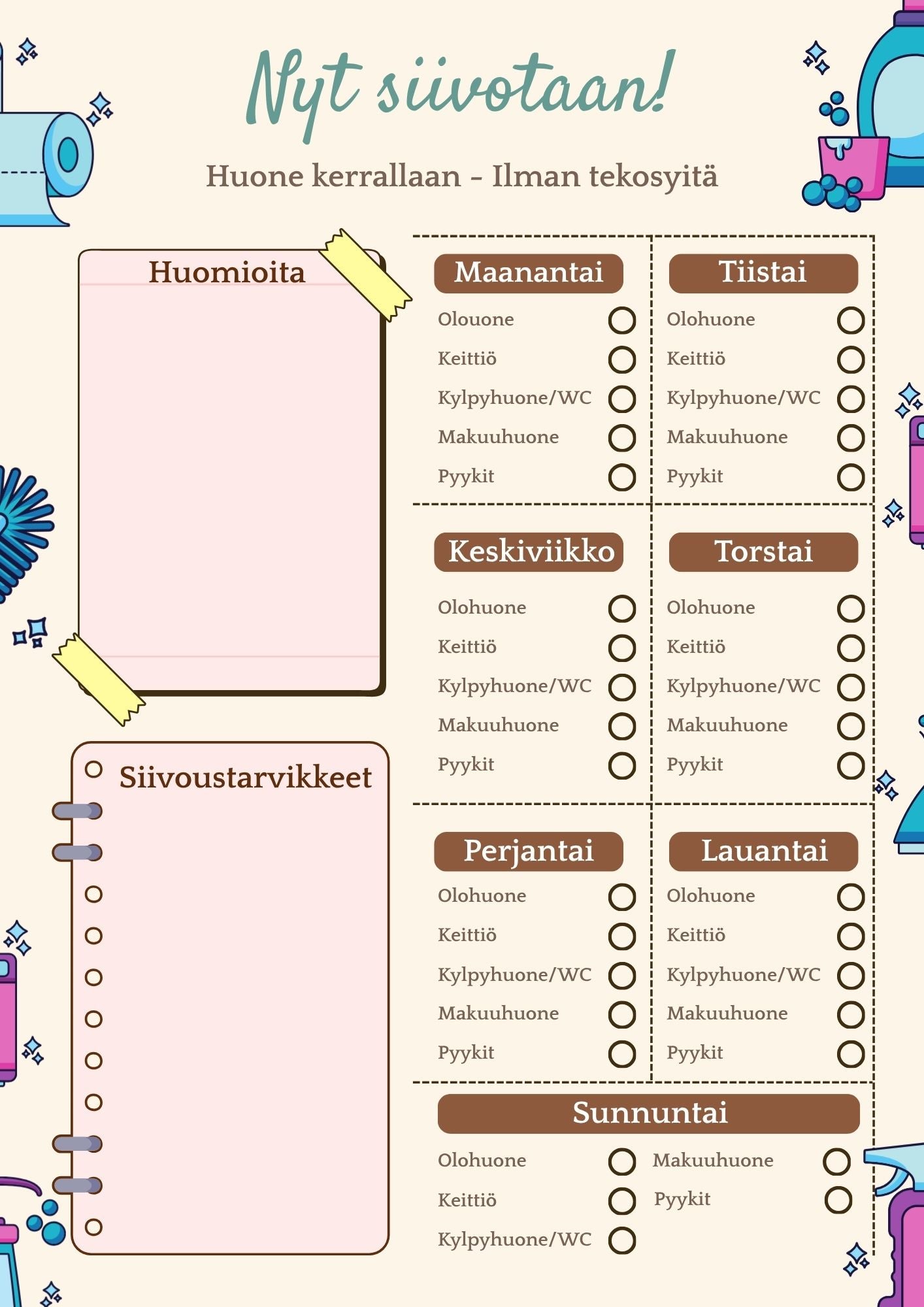 Nyt siivotaan! – Tulostettava siivouslista PDF
