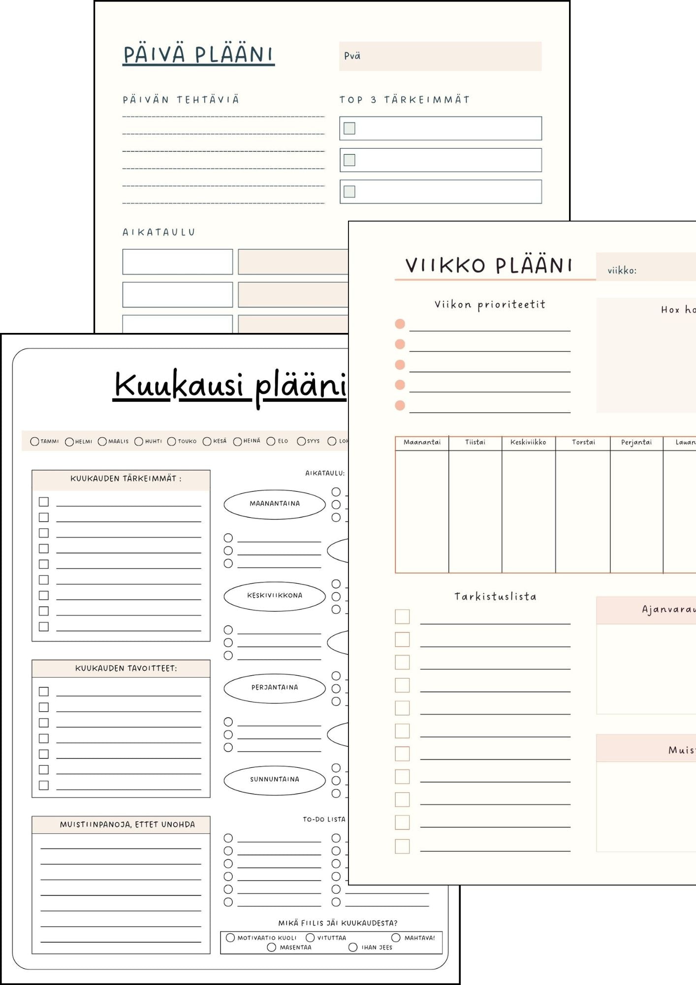 Arjen pläänit – Tulostettava päivä-, viikko- ja kuukausiplanneri PDF