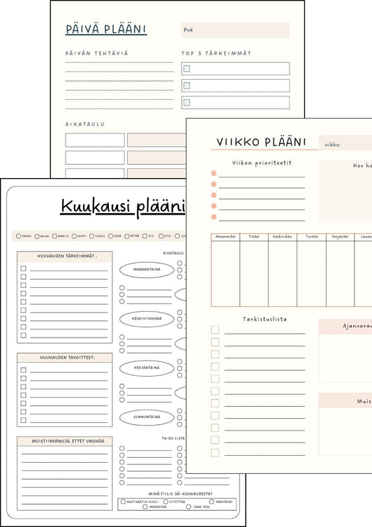 Arjen pläänit – Tulostettava päivä-, viikko- ja kuukausiplanneri PDF