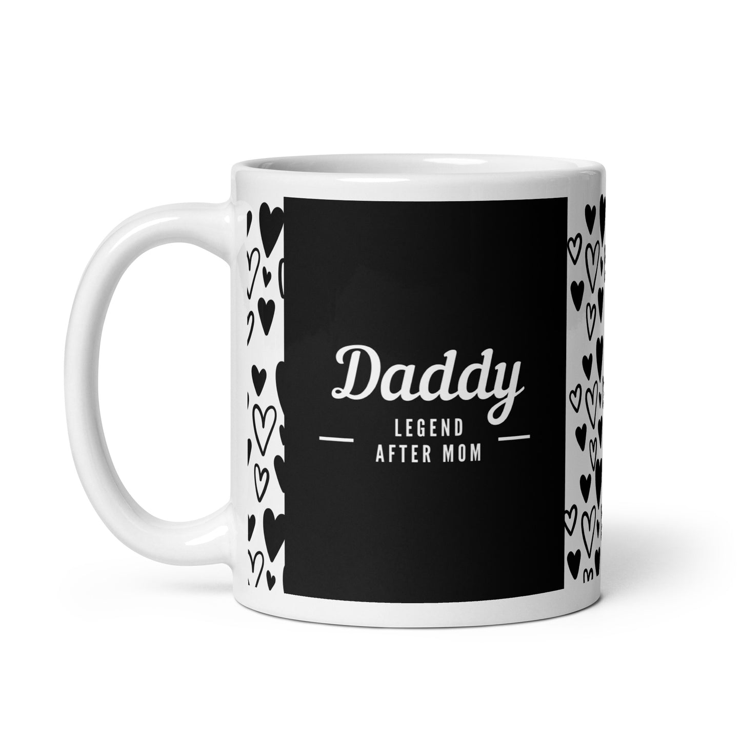 Daddy Legend After Mom -muki – lahja isälle, mustavalkoinen design, sydänkuvioilla