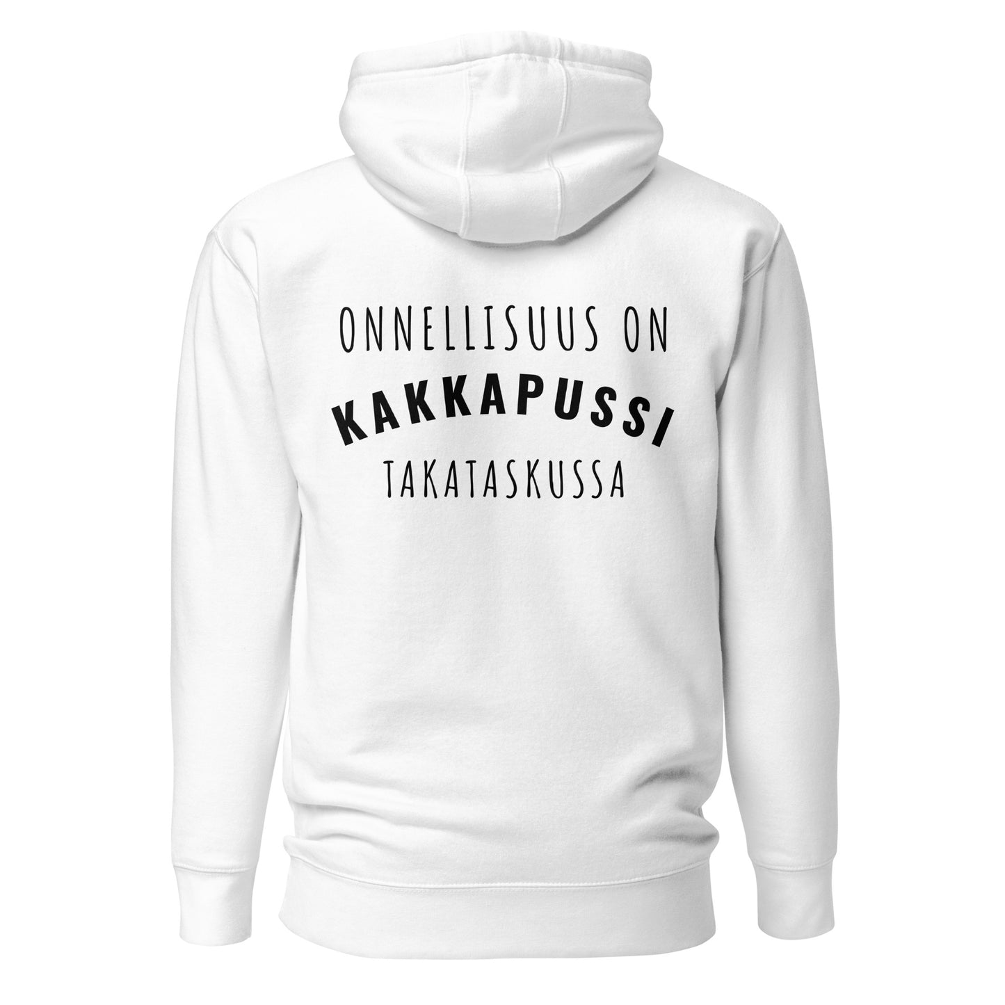 Hupparin selkäpuoli, teksti “Onnellisuus on kakkapussi takataskussa”