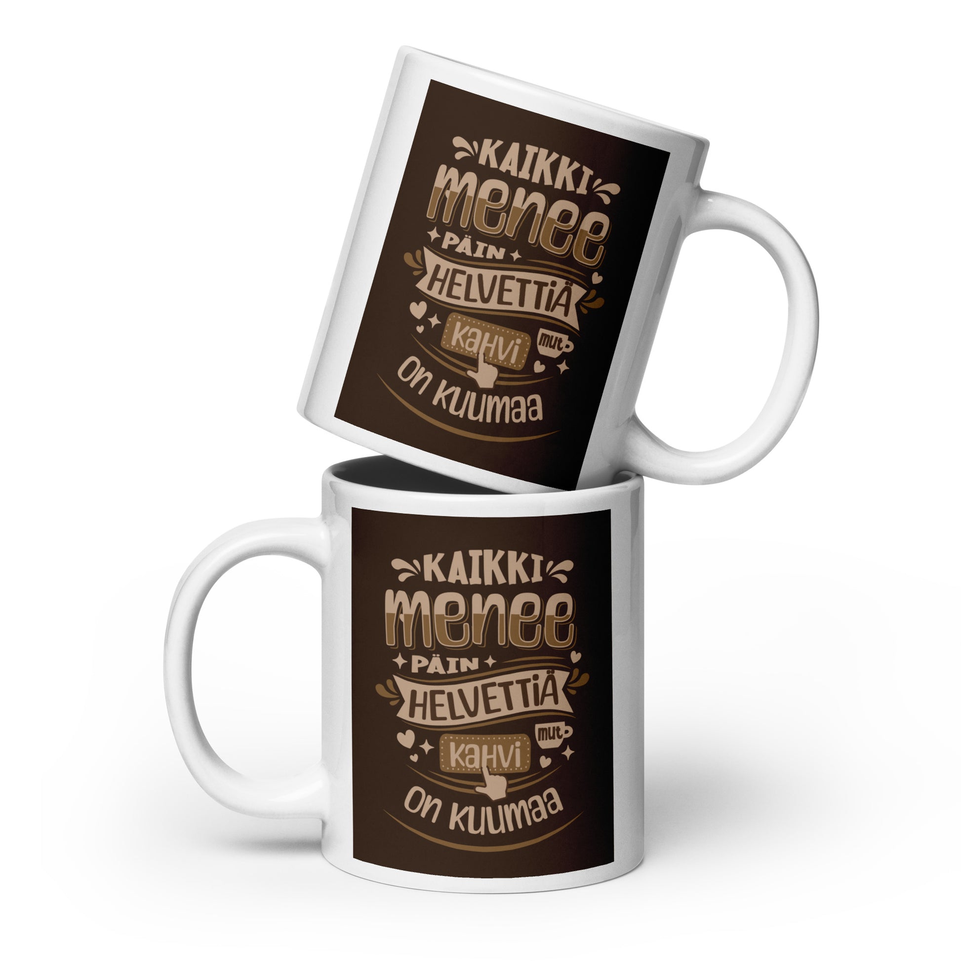 Normaali 3,3 dl kahvimuki ironialla: “Kaikki menee päin helvettiä mut kahvi on kuumaa” – väsynyt aamufiilis.