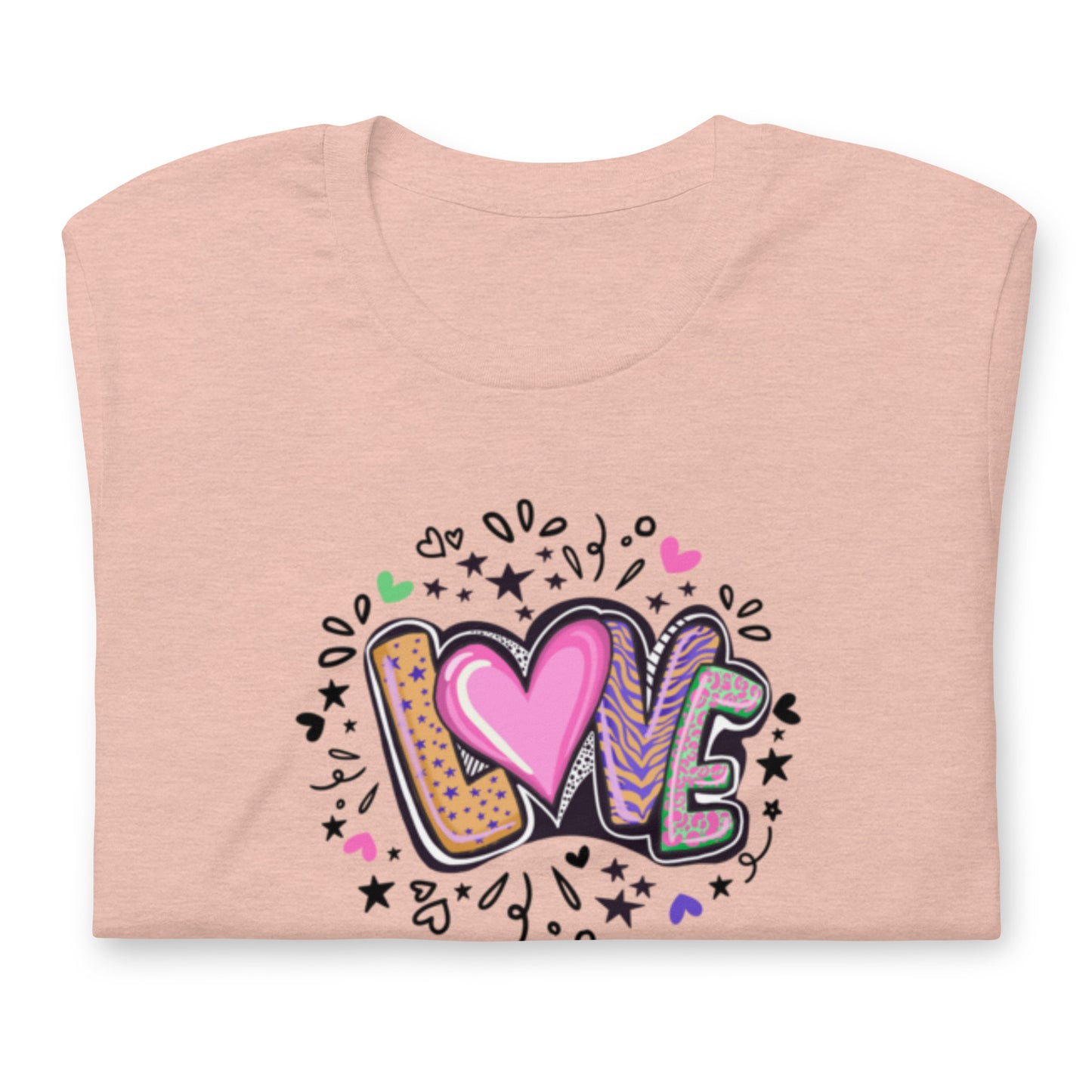 🩷 LOVE T-paita – värikäs sydänprintti (unisex, pehmeä puuvilla)