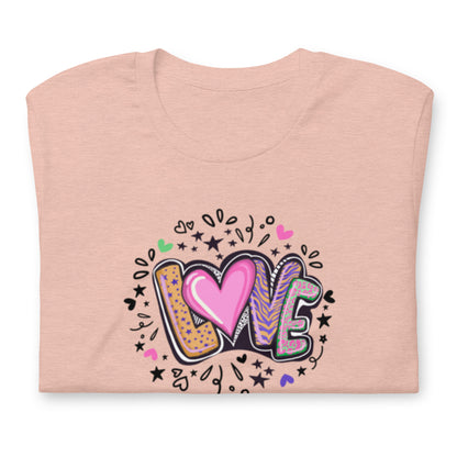 🩷 LOVE T-paita – värikäs sydänprintti (unisex, pehmeä puuvilla)