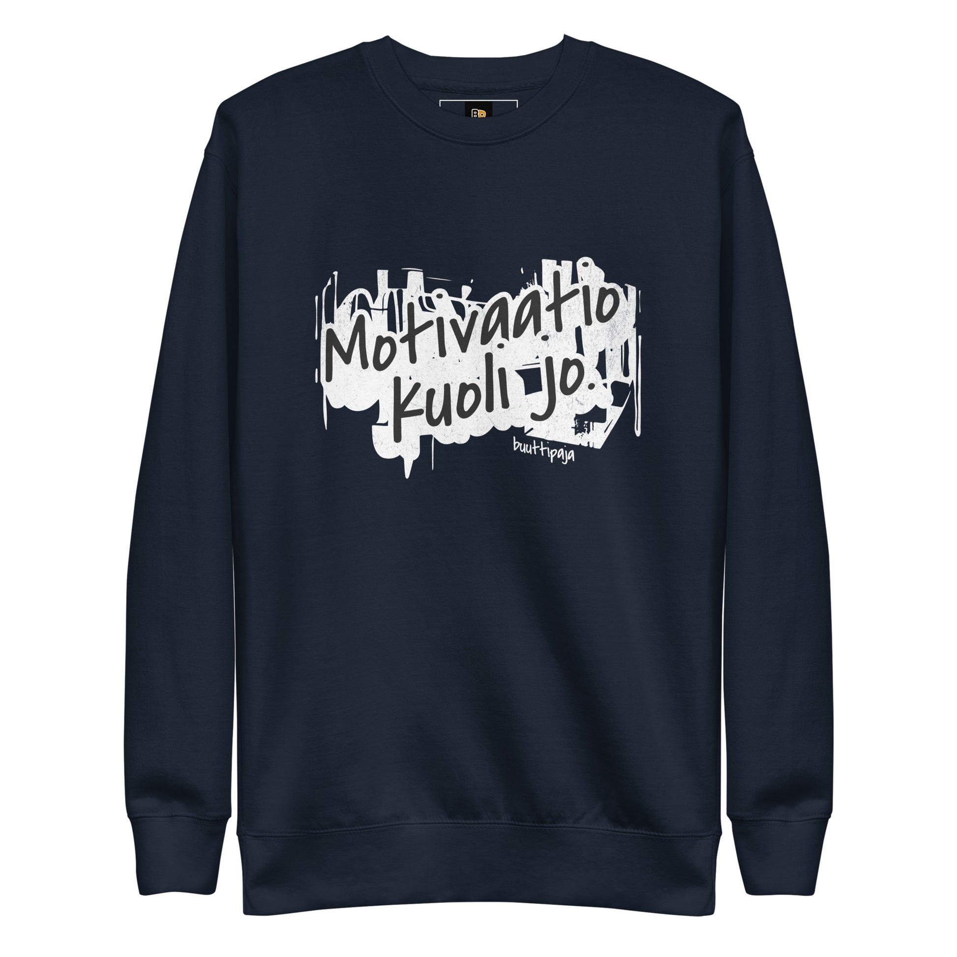 Lämmin fleece-college ironisella printillä “Motivaatio kuoli jo”