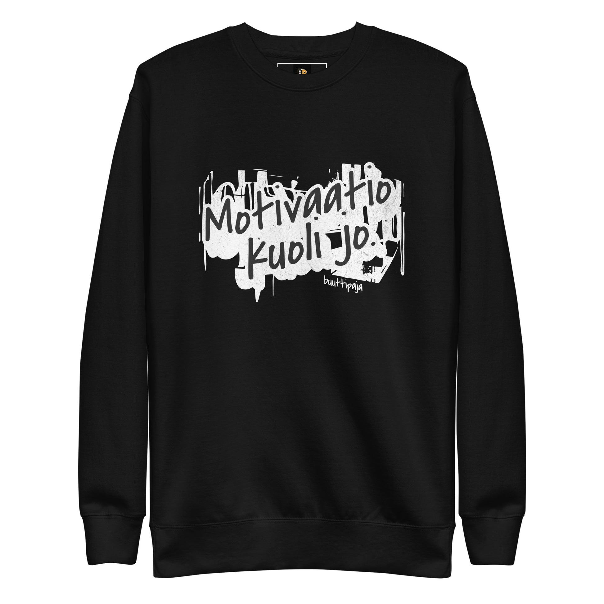 Motivaatio kuoli jo -collegepaita mustalla pohjalla ja valkoisella tekstillä