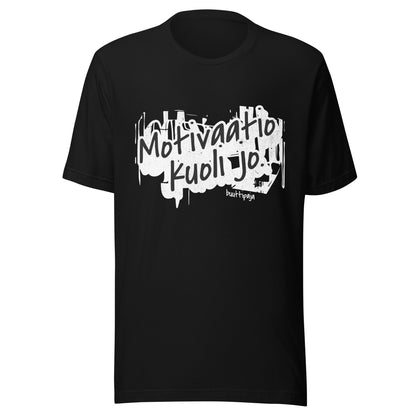 Motivaatio kuoli jo -t-paita grunge-tyylillä ja mustalla pohjalla
Unisex ironinen paita viininpunaisena – kun mikään ei enää sytytä
Motivaatio kuoli jo -teksti ruskealla paidalla – burnout pukeutumisena