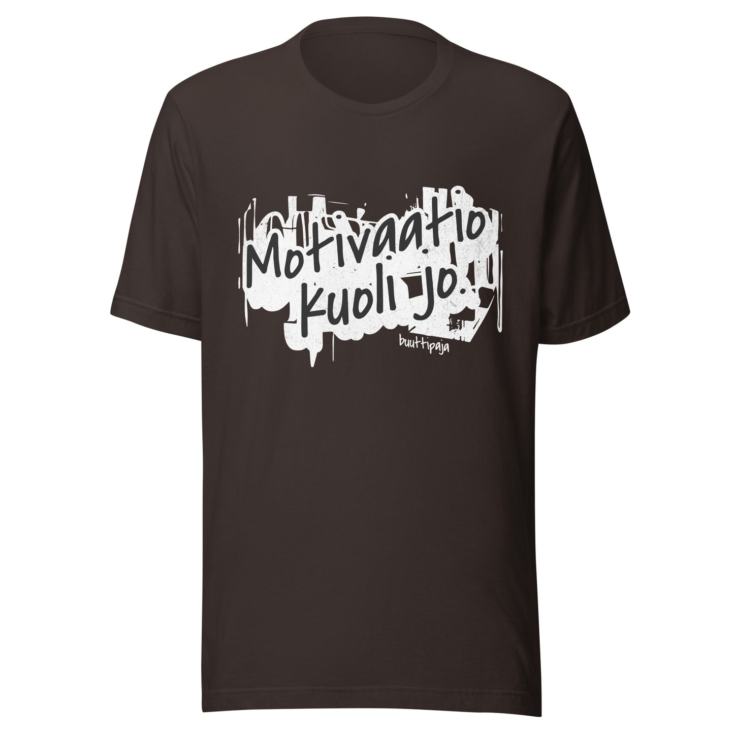 Motivaatio kuoli jo -t-paita grunge-tyylillä ja mustalla pohjalla
Unisex ironinen paita viininpunaisena – kun mikään ei enää sytytä
Motivaatio kuoli jo -teksti ruskealla paidalla – burnout pukeutumisena