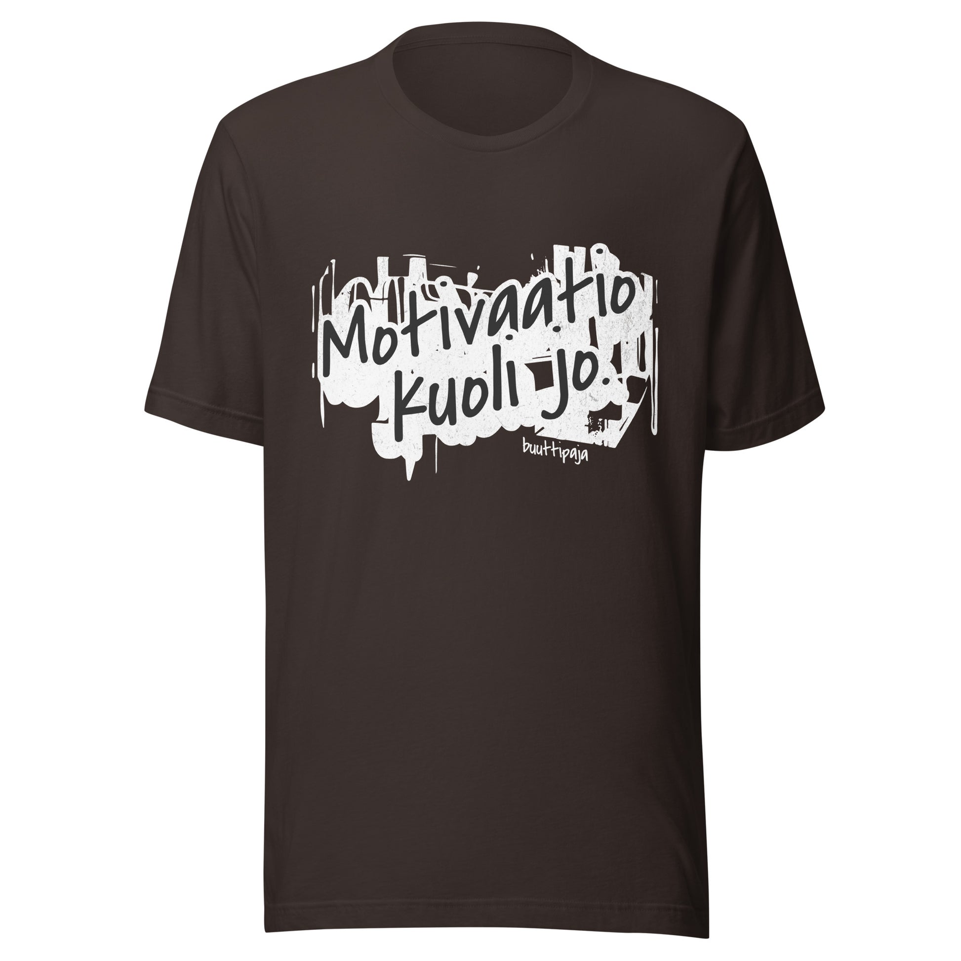 Motivaatio kuoli jo -t-paita grunge-tyylillä ja mustalla pohjalla
Unisex ironinen paita viininpunaisena – kun mikään ei enää sytytä
Motivaatio kuoli jo -teksti ruskealla paidalla – burnout pukeutumisena