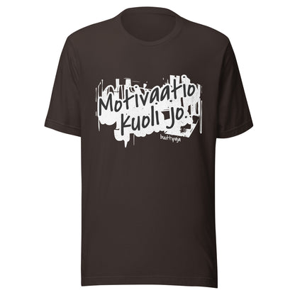 Motivaatio kuoli jo -t-paita grunge-tyylillä ja mustalla pohjalla
Unisex ironinen paita viininpunaisena – kun mikään ei enää sytytä
Motivaatio kuoli jo -teksti ruskealla paidalla – burnout pukeutumisena