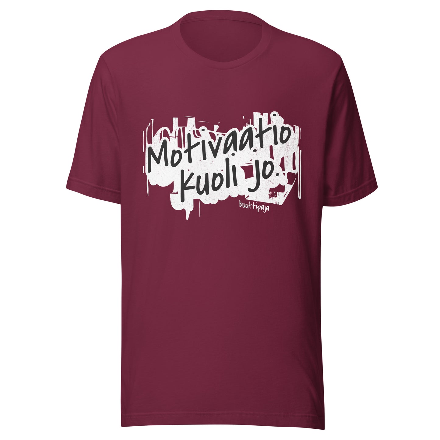 Motivaatio kuoli jo -t-paita grunge-tyylillä ja mustalla pohjalla
Unisex ironinen paita viininpunaisena – kun mikään ei enää sytytä
Motivaatio kuoli jo -teksti ruskealla paidalla – burnout pukeutumisena