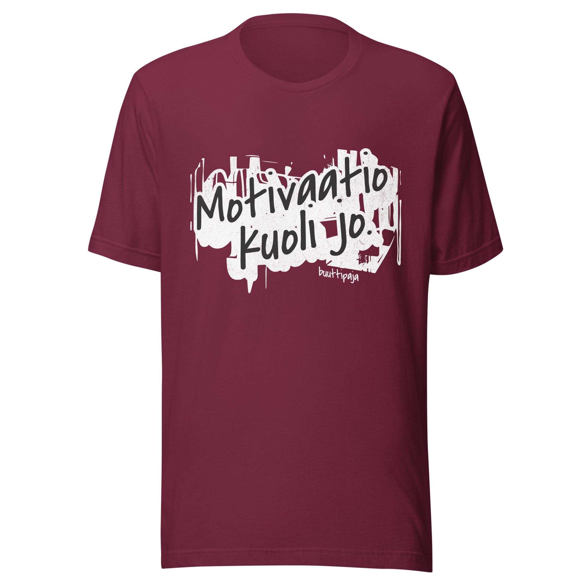 Motivaatio kuoli jo -t-paita grunge-tyylillä ja mustalla pohjalla
Unisex ironinen paita viininpunaisena – kun mikään ei enää sytytä
Motivaatio kuoli jo -teksti ruskealla paidalla – burnout pukeutumisena