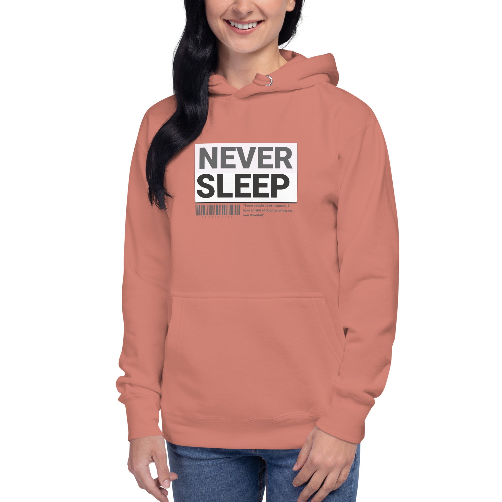 Huppari tekstillä “Never Sleep” – unettomuuden tyyli