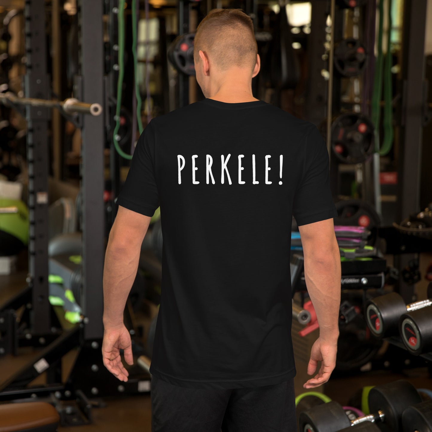 Musta t-paita, jossa Buuttipaja logo rinnassa  ja takana teksti “PERKELE!”.