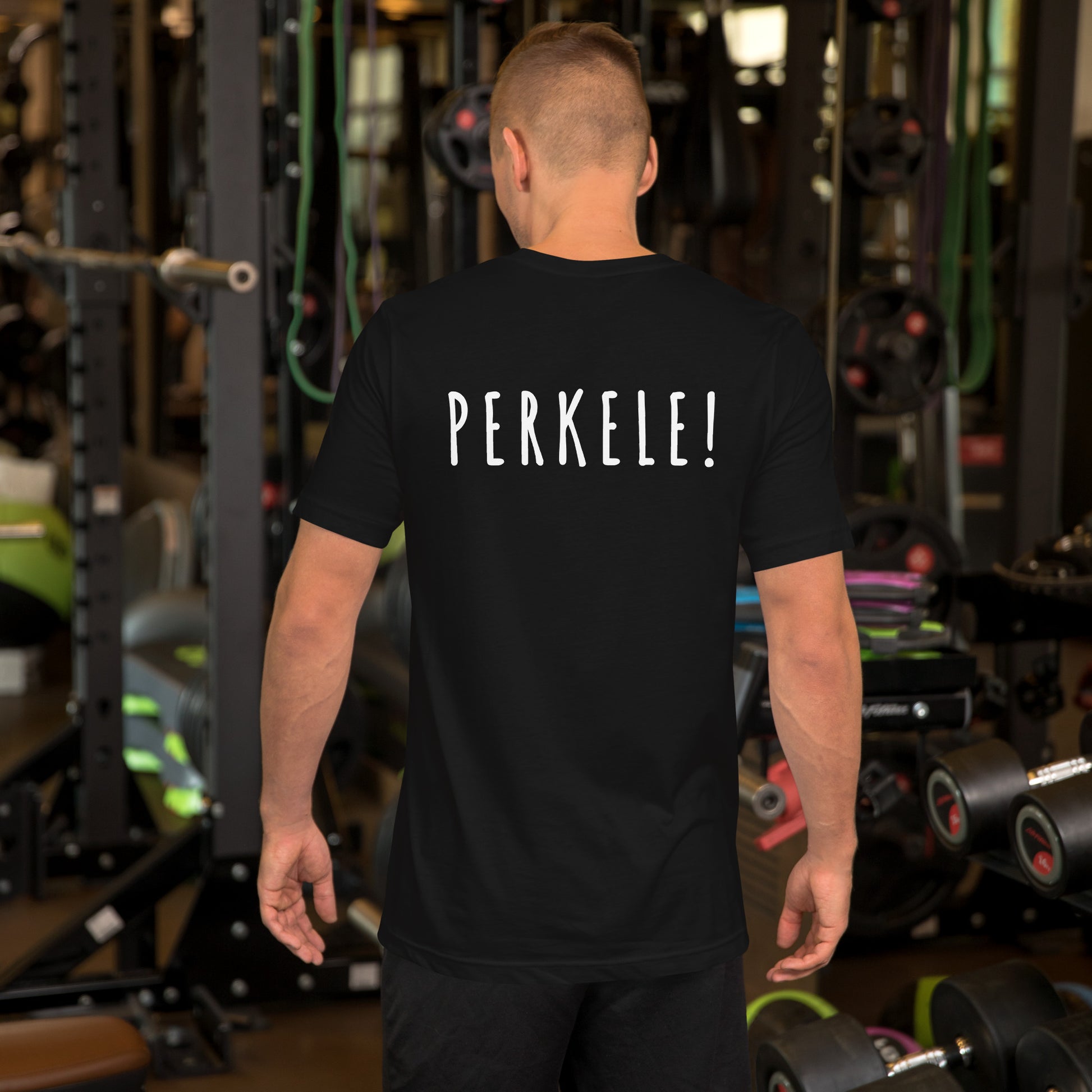 Musta t-paita, jossa Buuttipaja logo rinnassa  ja takana teksti “PERKELE!”.