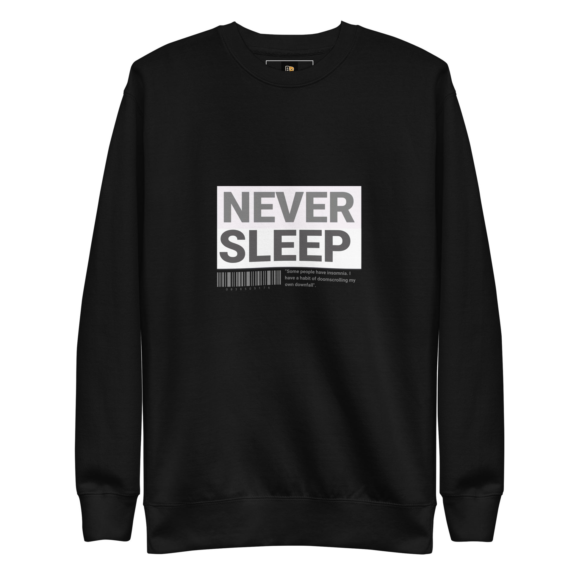 Musta fleece-college “Never Sleep” – urbaani streetwear-tyyli